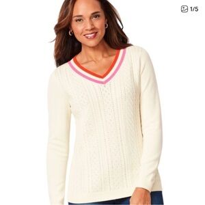 Women's V-Neck Sweater with Red and Pink Trim